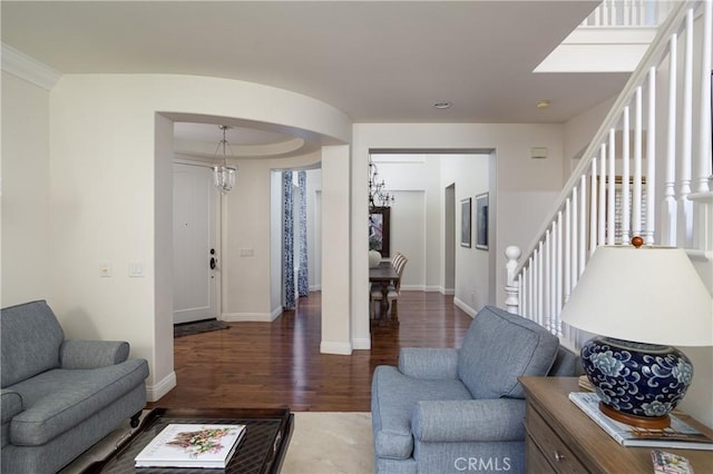 114 Via Monte Picayo, San Clemente, CA 92673 - living room featuring wood finished floors, a chandelier, baseboards, stairway, and recessed lighting