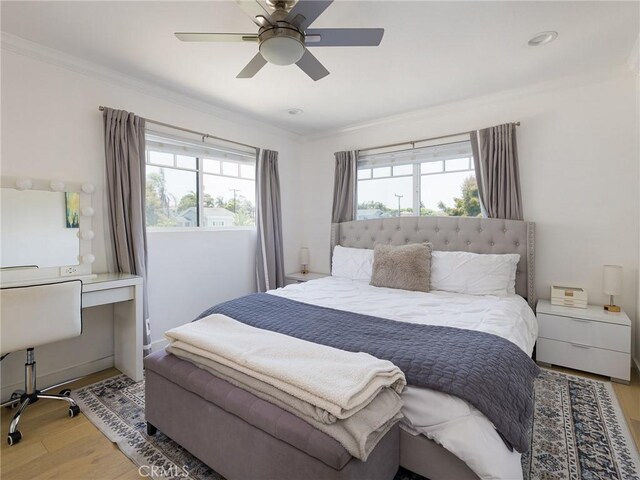 618 W Elm Ave, El Segundo, CA 90245 - bedroom featuring wood finished floors, an office area, ornamental molding, and ceiling fan