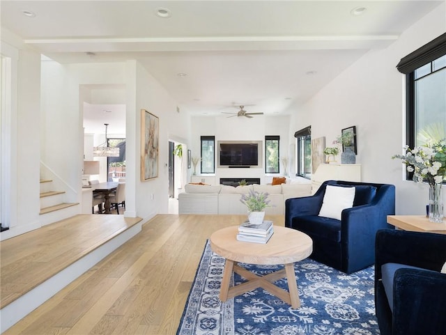 618 W Elm Ave, El Segundo, CA 90245 - living area featuring wood finished floors, stairs, ceiling fan, recessed lighting, and a chandelier