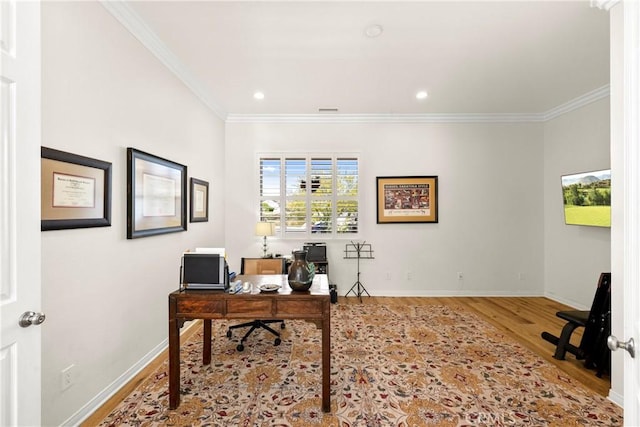 42302 Oregon Trl, Murrieta, CA 92562 - office space with wood finished floors, ornamental molding, baseboards, and recessed lighting