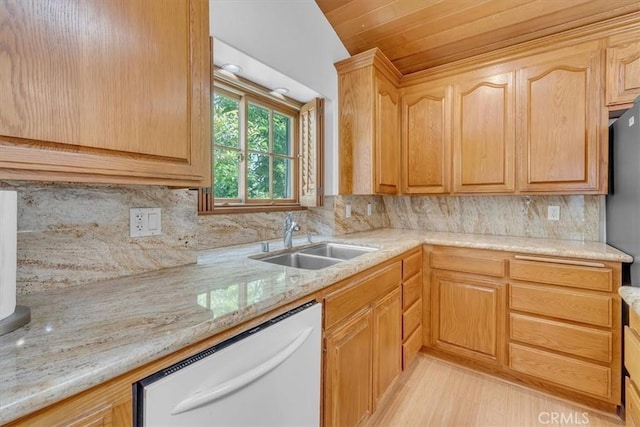 1110 Esplanade Unit 6, Redondo Beach, CA 90277 - kitchen featuring dishwasher, a sink, decorative backsplash, light stone counters, and wood ceiling