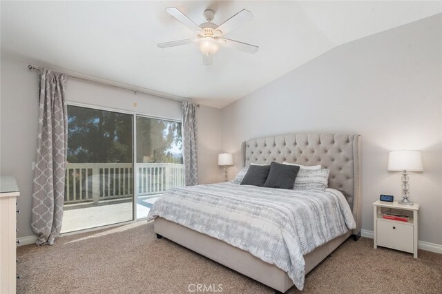 43340 Corte Barbaste, Temecula, CA 92592 - bedroom with access to outside, carpet, vaulted ceiling, baseboards, and ceiling fan
