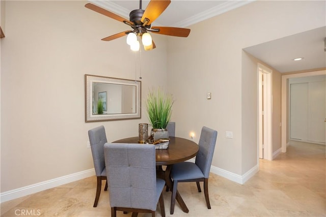 124 Via Estrada Unit O, Laguna Woods, CA 92637 - dining area featuring baseboards, ceiling fan, and crown molding