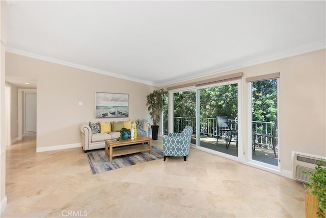 124 Via Estrada Unit O, Laguna Woods, CA 92637 - tiled living room featuring crown molding, a wall mounted AC, and baseboards