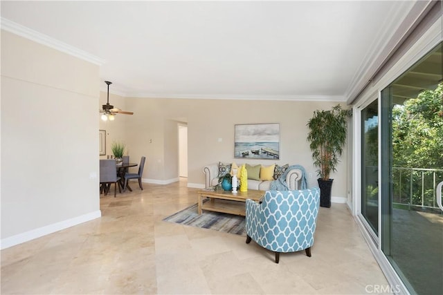 124 Via Estrada Unit O, Laguna Woods, CA 92637 - living area with ornamental molding, ceiling fan, and baseboards