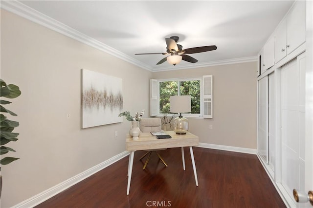 124 Via Estrada Unit O, Laguna Woods, CA 92637 - office with baseboards, dark wood-style floors, ceiling fan, and ornamental molding