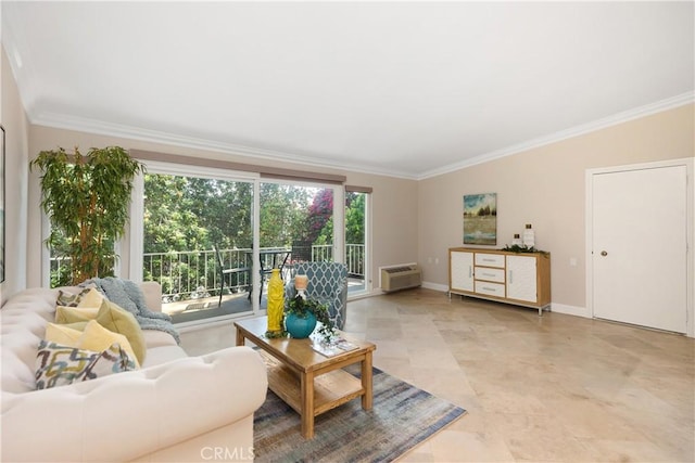 124 Via Estrada Unit O, Laguna Woods, CA 92637 - living room featuring crown molding, a wall mounted AC, and baseboards