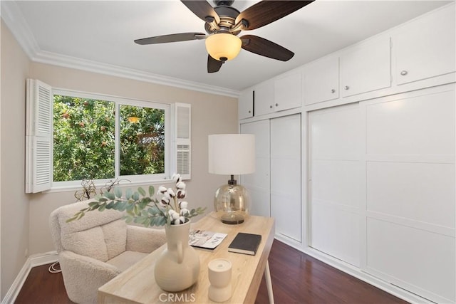 124 Via Estrada Unit O, Laguna Woods, CA 92637 - office area featuring dark wood finished floors, crown molding, ceiling fan, and baseboards