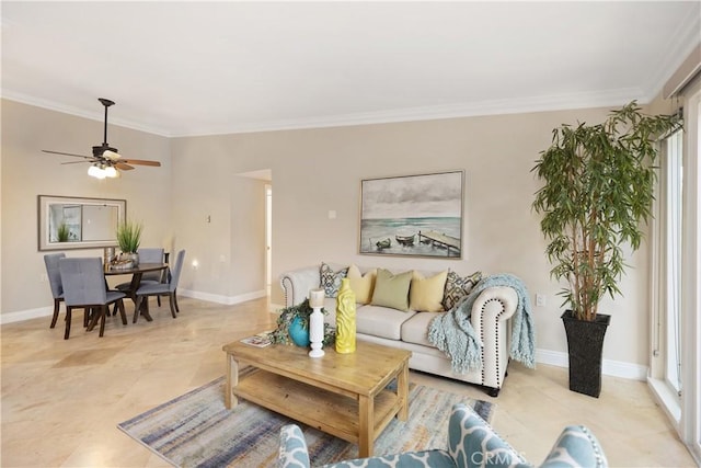 124 Via Estrada Unit O, Laguna Woods, CA 92637 - living room featuring crown molding, ceiling fan, and baseboards
