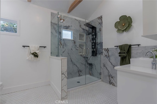 1322 N June St, Los Angeles, CA 90028 - full bathroom featuring plenty of natural light, a marble finish shower, toilet, vanity, and lofted ceiling