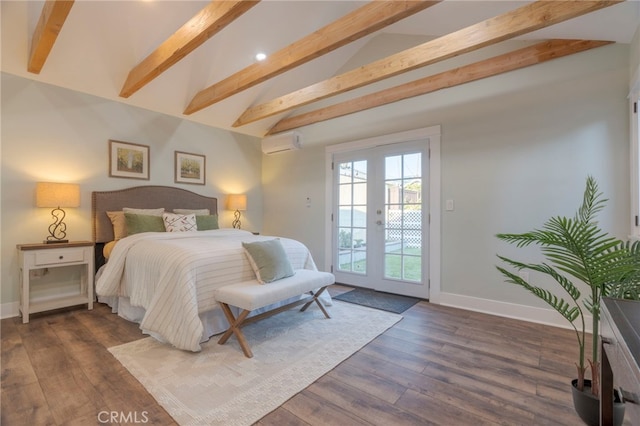 1322 N June St, Los Angeles, CA 90028 - bedroom with a wall mounted air conditioner, baseboards, dark wood finished floors, and access to exterior