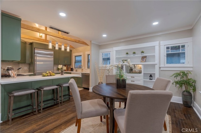 1322 N June St, Los Angeles, CA 90028 - dining room with ornamental molding, dark wood-style floors, recessed lighting, and baseboards