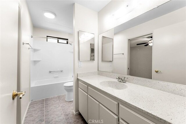 8313 Vineyard Ave # 6, Rancho Cucamonga, CA 91730 - bathroom with toilet, vanity, shower / washtub combination, ceiling fan, and tile patterned floors