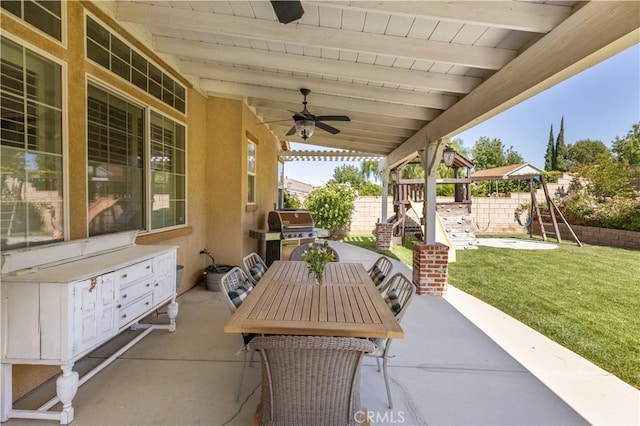 5058 Meadowsweet Dr, Palmdale, CA 93551 - view of patio featuring a playground, ceiling fan, area for grilling, and outdoor dining area