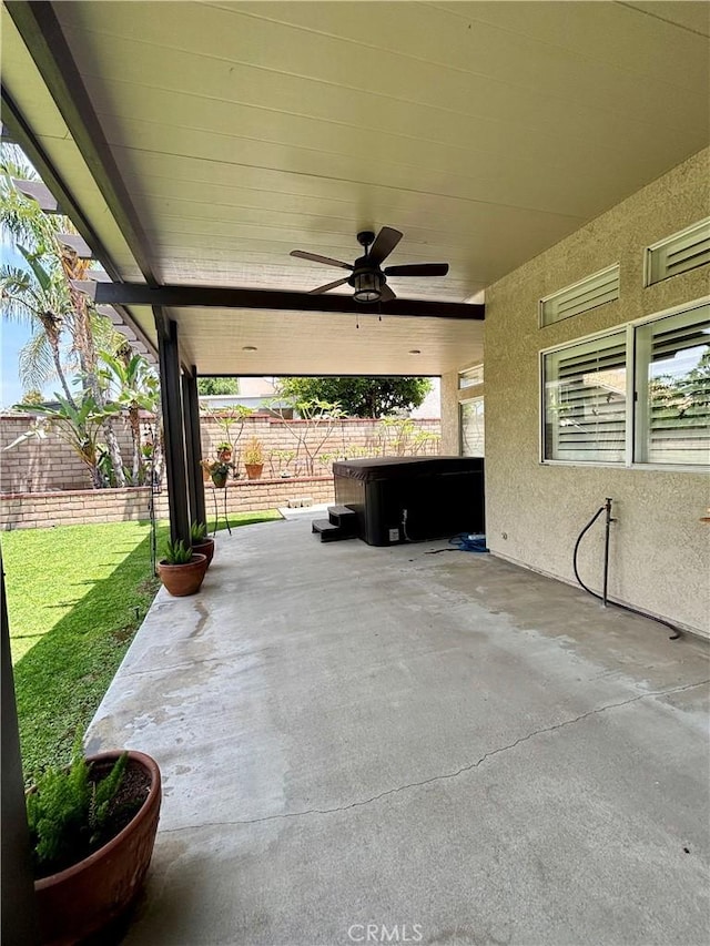 7440 Apple Blossom Ct, Highland, CA 92346 - view of patio / terrace featuring a hot tub and a ceiling fan