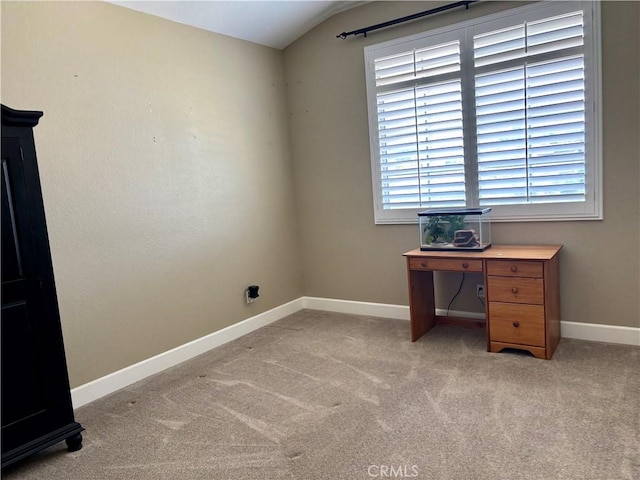 7440 Apple Blossom Ct, Highland, CA 92346 - unfurnished office with light colored carpet, baseboards, and vaulted ceiling