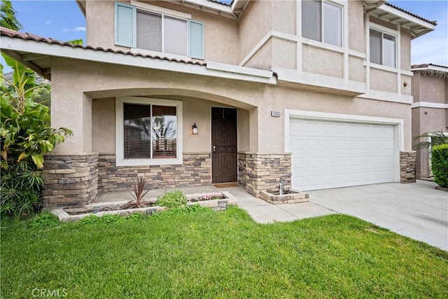 15863 Falcon Ct, Fontana, CA 92337 - view of front of house with stone siding, stucco siding, a garage, concrete driveway, and a front lawn