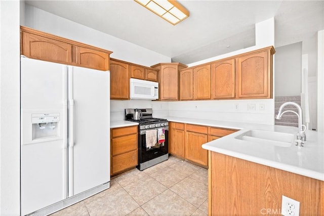 15863 Falcon Ct, Fontana, CA 92337 - kitchen featuring white appliances, a sink, light tile patterned flooring, light countertops, and brown cabinets