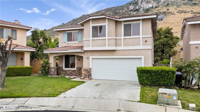 15863 Falcon Ct, Fontana, CA 92337 - view of front of home featuring stucco siding, an attached garage, concrete driveway, a front lawn, and a mountain view