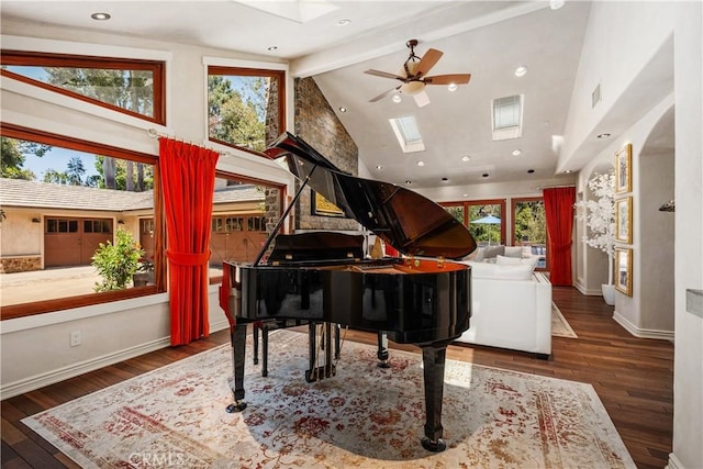 7626 E Saddlehill Trl, Orange, CA 92869 - sitting room featuring a skylight, high vaulted ceiling, beam ceiling, wood finished floors, and a ceiling fan