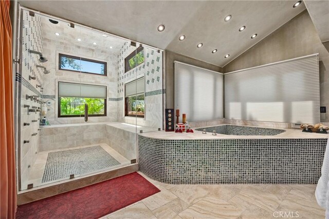 7626 E Saddlehill Trl, Orange, CA 92869 - full bathroom featuring recessed lighting, a bath, a stall shower, and lofted ceiling