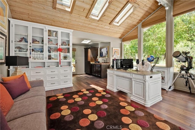 7626 E Saddlehill Trl, Orange, CA 92869 - office space featuring a skylight, dark wood-style floors, vaulted ceiling, and wooden ceiling