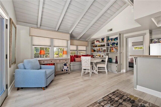 7626 E Saddlehill Trl, Orange, CA 92869 - living area with light wood finished floors, wood ceiling with exposed beams, high vaulted ceiling, and baseboards