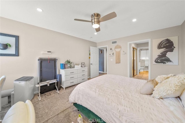 1140 Pacific Ave Unit 10, Long Beach, CA 90813 - bedroom with recessed lighting, ceiling fan, light colored carpet, and connected bathroom