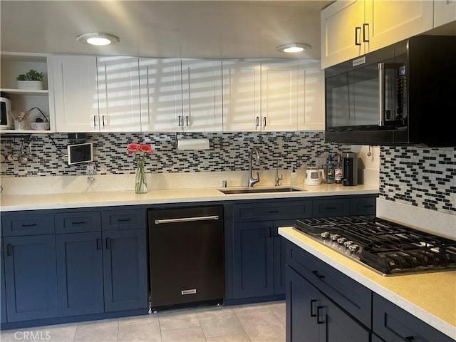 1767 W Chandeleur Dr, San Pedro, CA 90732 - kitchen featuring dishwasher, stainless steel gas stovetop, a sink, black microwave, and open shelves