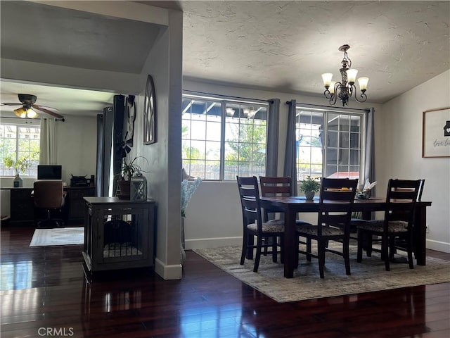 1767 W Chandeleur Dr, San Pedro, CA 90732 - dining space featuring baseboards, dark wood finished floors, a chandelier, ceiling fan, and an office area