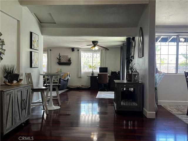 1767 W Chandeleur Dr, San Pedro, CA 90732 - living area featuring a ceiling fan, hardwood / wood-style floors, baseboards, and a desk