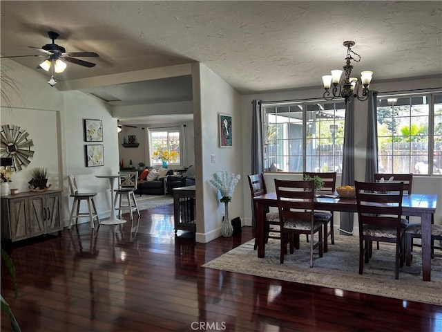 1767 W Chandeleur Dr, San Pedro, CA 90732 - dining space featuring wood finished floors, a chandelier, baseboards, and a ceiling fan