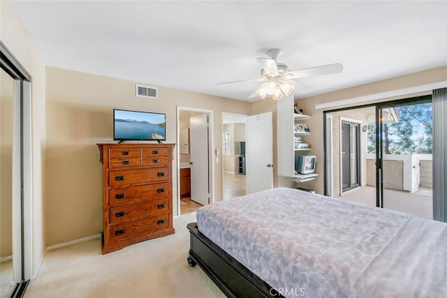 56 Coventry Ln Unit 293, Aliso Viejo, CA 92656 - bedroom with access to exterior, light colored carpet, a closet, baseboards, and ceiling fan