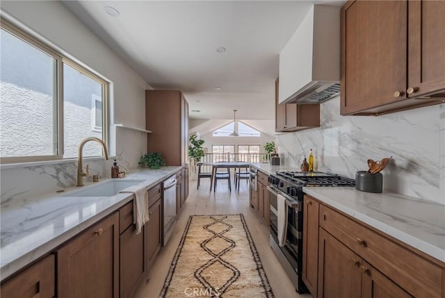 1709 Wollacott St, Redondo Beach, CA 90278 - kitchen featuring range with gas cooktop, wall chimney range hood, stainless steel dishwasher, decorative backsplash, and recessed lighting