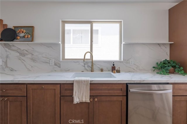 1709 Wollacott St, Redondo Beach, CA 90278 - kitchen featuring dishwasher, a sink, decorative backsplash, and brown cabinets