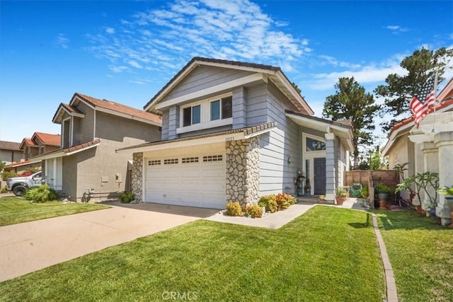 11025 Shaw St, Rancho Cucamonga, CA 91701 - view of front of property with an attached garage, concrete driveway, and stone siding