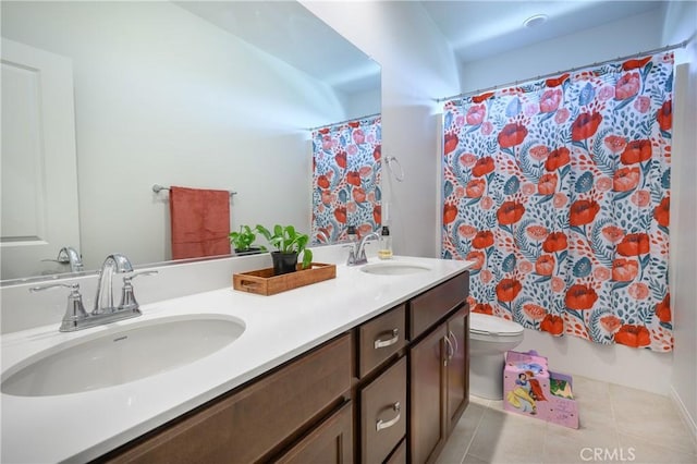 34197 Helenium St, Murrieta, CA 92563 - bathroom with double vanity, toilet, tile patterned flooring, and curtained shower