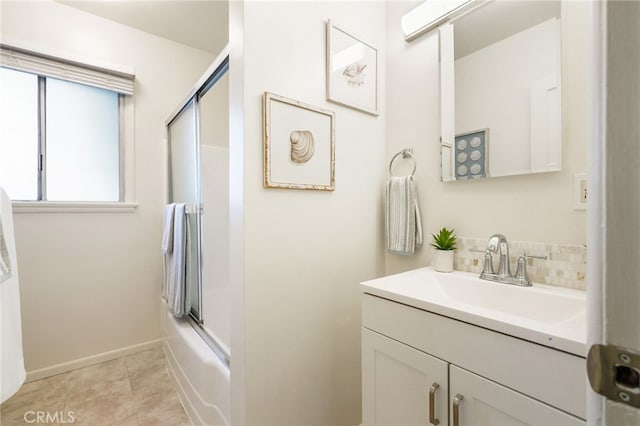 1357 Curtis Ave, Manhattan Beach, CA 90266 - bathroom featuring vanity, bath / shower combo with glass door, decorative backsplash, and baseboards