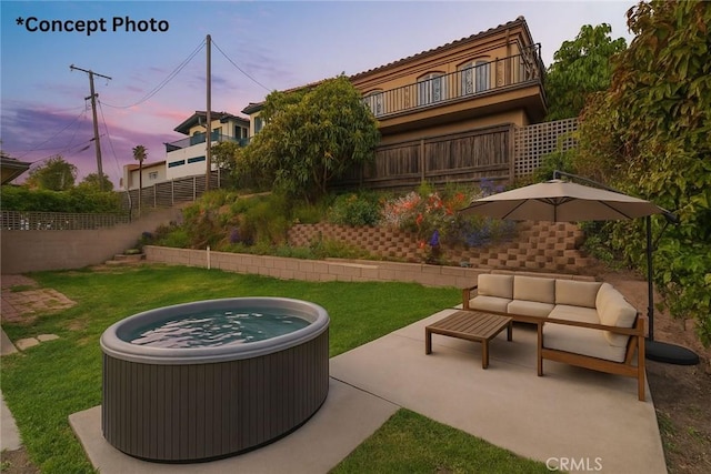 1357 Curtis Ave, Manhattan Beach, CA 90266 - patio terrace at dusk with a hot tub, a patio area, and an outdoor living space