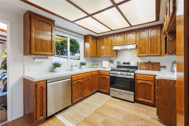 1357 Curtis Ave, Manhattan Beach, CA 90266 - kitchen featuring appliances with stainless steel finishes, under cabinet range hood, a sink, and light wood-style flooring