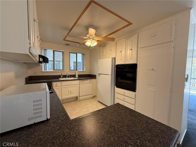 680 Via Alhambra Unit O, Laguna Woods, CA 92637 - kitchen with white appliances, a sink, white cabinetry, a ceiling fan, and a tray ceiling