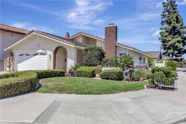 3531 Almond St, Irvine, CA 92606 - view of front facade featuring a chimney, stucco siding, a tiled roof, a garage, and a front lawn