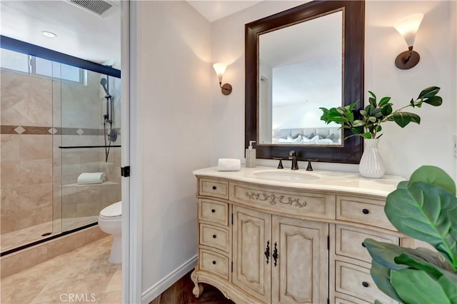 3531 Almond St, Irvine, CA 92606 - bathroom with a stall shower, vanity, toilet, and baseboards