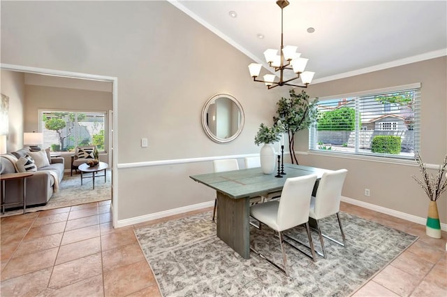3531 Almond St, Irvine, CA 92606 - dining room featuring a chandelier, ornamental molding, baseboards, and light tile patterned floors