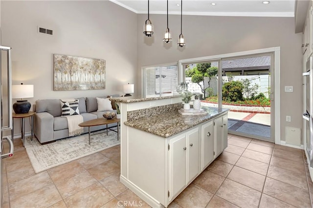 3531 Almond St, Irvine, CA 92606 - kitchen featuring white cabinets, crown molding, a high ceiling, light stone countertops, and open floor plan