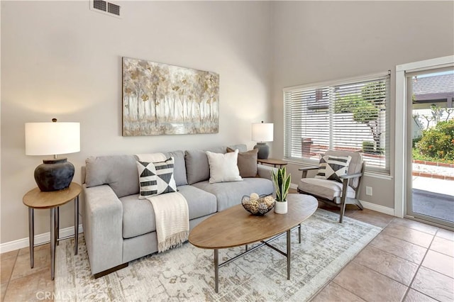 3531 Almond St, Irvine, CA 92606 - tiled living room with baseboards and a high ceiling