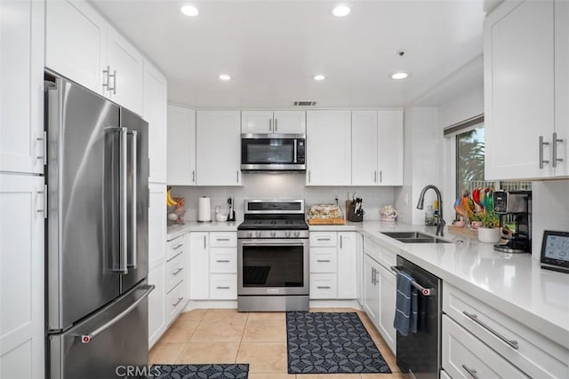 2922 Estancia, San Clemente, CA 92673 - kitchen featuring stainless steel appliances, a sink, white cabinetry, and recessed lighting