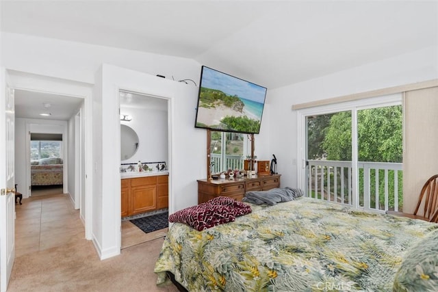 2922 Estancia, San Clemente, CA 92673 - bedroom with lofted ceiling, light carpet, access to exterior, and ensuite bath
