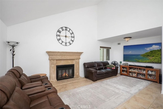 2922 Estancia, San Clemente, CA 92673 - tiled living room featuring a premium fireplace and high vaulted ceiling