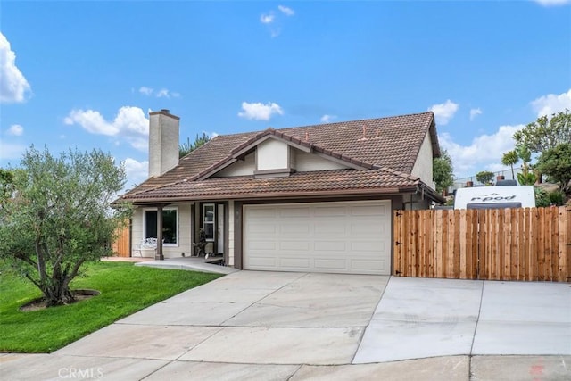 2922 Estancia, San Clemente, CA 92673 - view of front of house with a garage, a tile roof, a chimney, and concrete driveway